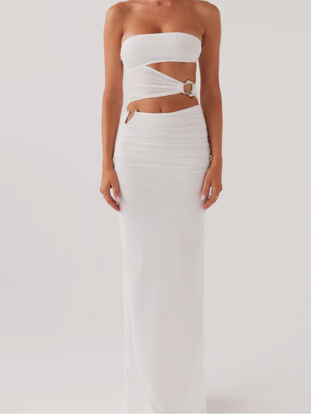 White Cutout Mesh Maxi Dress with Ring Detail
